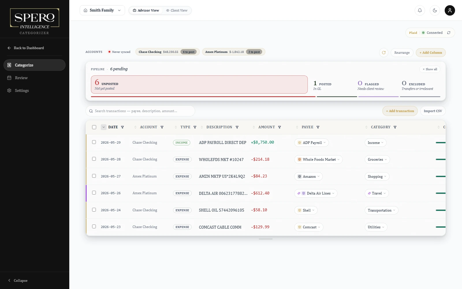 Spero Intelligence categorizer filing transactions automatically